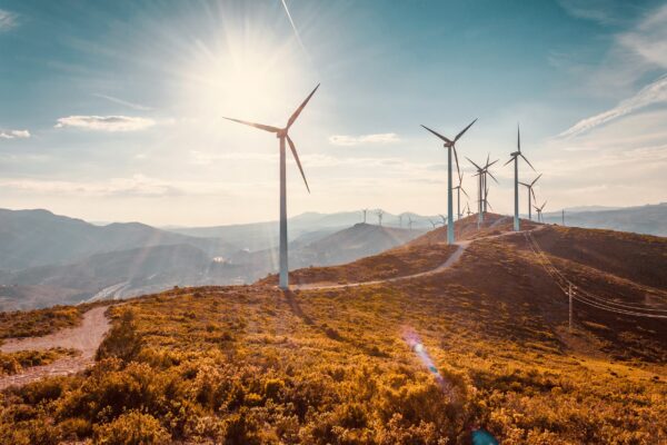 Wind turbines on beautiful sunny summer autumn mountain landsape. Curvy road through mountain Eolic park. Green ecological power energy generation. Wind farm eco field; Shutterstock ID 1223052007; Purchase Order: Varie