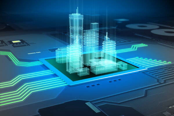 Modern city buildings on a printed circuits board. Digital illustration.