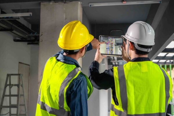 Engineer, architect and construction supervisor Use tablet to record information while inspecting construction work. Construction supervisor, architect or engineer inspect construction inside building